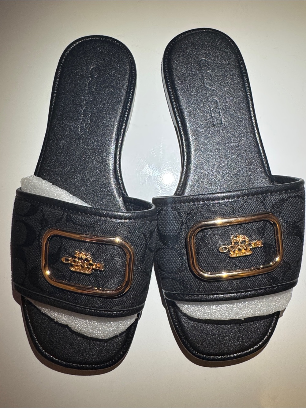 Coach Black Slide Sandals with Gold Hardware